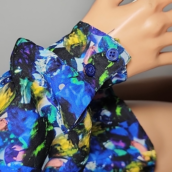 MILLY Silk Jewel-Print Tie-Neck Blouse  blue multicolor Size 4‎ Small - Picture 7 of 15